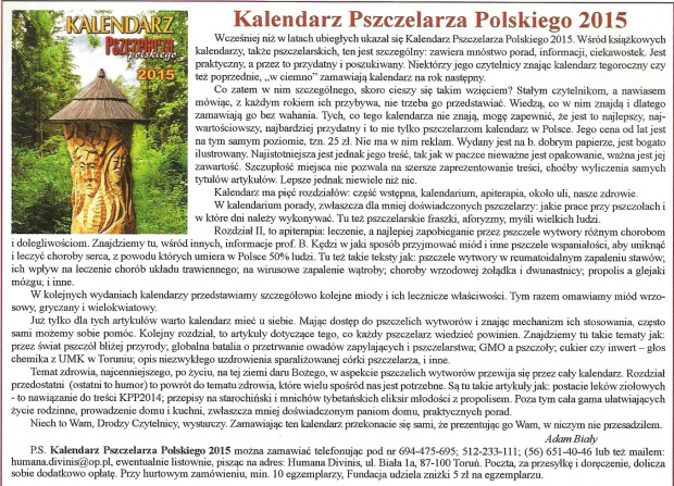 Kalendarz Pszczelarza Polskiego 2015 opis