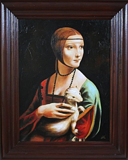 Leonardo da Vinci - Dame mit Hermelin-Große Meister-47x37cm Ölgemälde Handgemalt Leinwand Rahmen-Sygniert.cena 59,99 euro. wysylka 0 euro. malowany recznie
